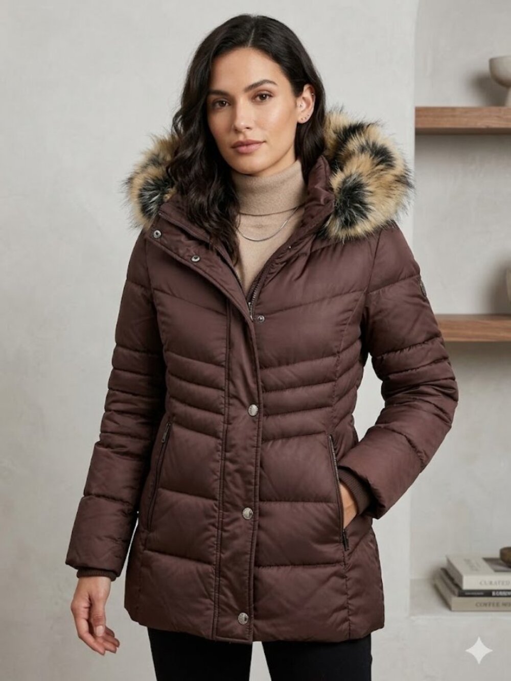 LONDON FOG Women's XL Coat Burgundy Hooded Faux-Fur-Trim Puffer